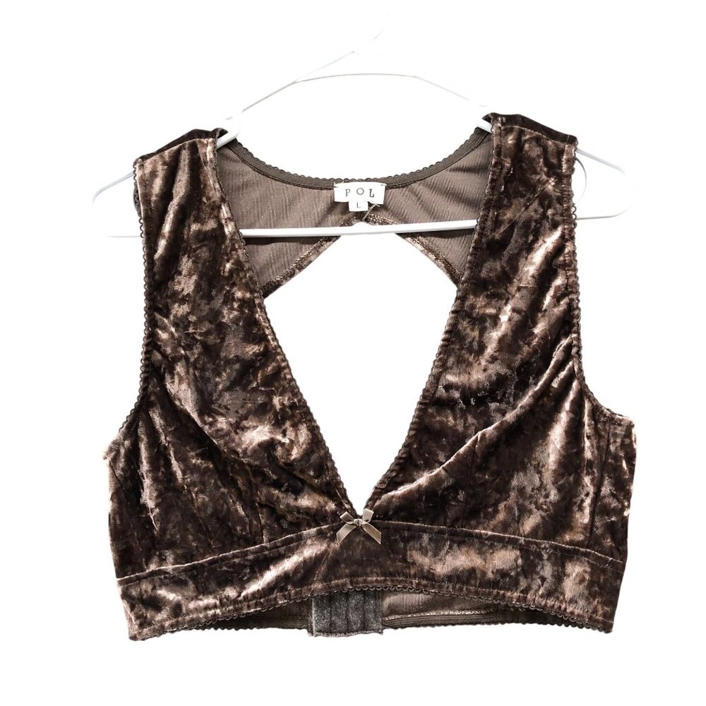 POL Crushed‎ Velvet Bralette Womens L Brown Keyhole Back V-Neck
